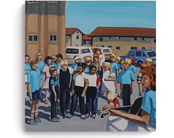 Bambini che cantano, dipinto a olio: scena nostalgica del cortile della scuola, arte figurativa