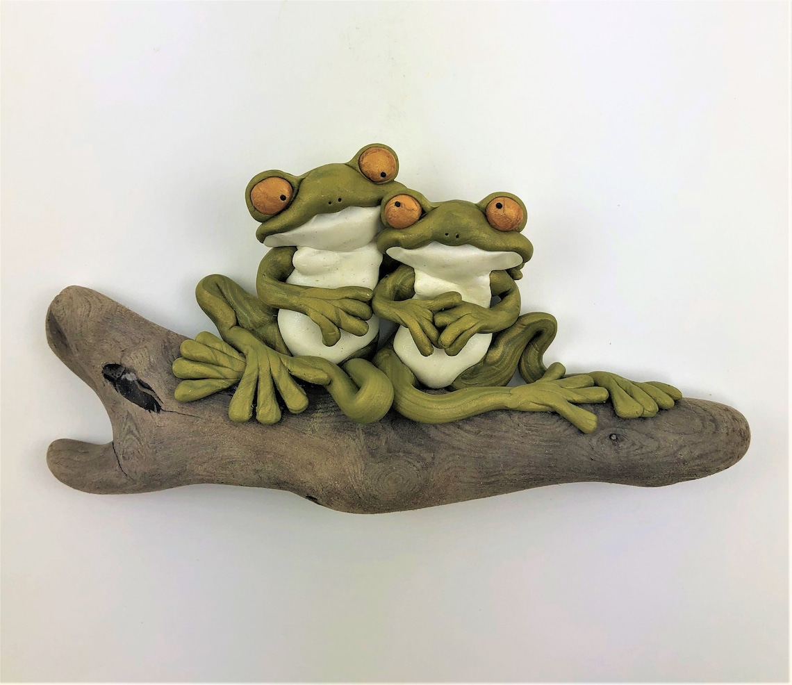 Whimsical polymer clay frogs on driftwood wall hanging Etsy