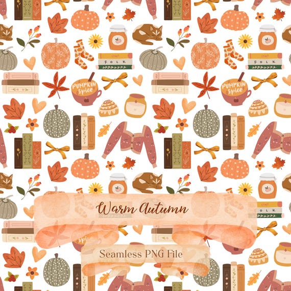 Autumn Bookish PNG, Fall Cottage Seamless Pattern PNG, Books & Pumpkins Design, Fall Cottacecore PNG, Cozy Fall Design