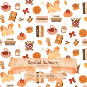 Bookish Autumn PNG, Bookish Girly PNG, Fall Book Seamless Pattern, Bookish Pumpkin Seamless File, Bookish PNG, Book Lover png
