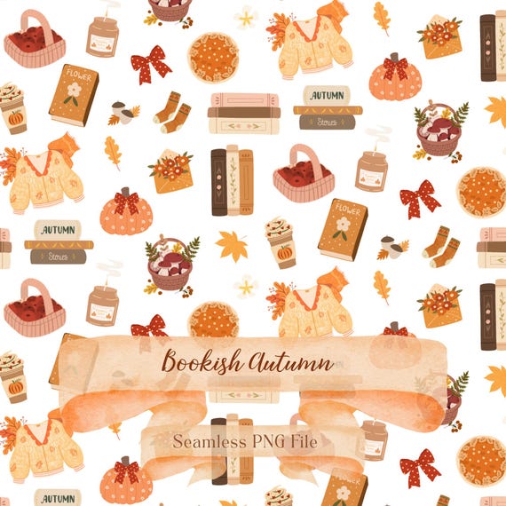 Autumn Bookish PNG, Fall Cottage Seamless Pattern PNG, Books & Pumpkins Design, Fall Cottacecore PNG, Cozy Fall Design
