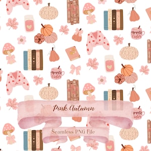 Coquette Books and Pumpkin PNG, Bookish Girly PNG, Fall Book Seamless Pattern, Autumn Book Seamless File, Bookish PNG, Book Lover png