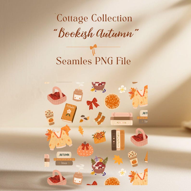 K&ouml;nnte beinhalten: Eine digitale Illustration mit herbstlichen Elementen, darunter ein Pullover, B&uuml;cher, K&ouml;rbe und K&uuml;rbisse. Das Bild zeigt auch andere herbstbezogene Elemente. Der Text "Cottage Collection" und "Bookish Autumn" wird oben angezeigt, darunter "Seamless PNG File".
