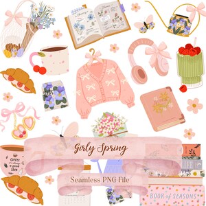 Girly Frühling Nahtloses Muster, Buchliebhaber PNG Datei, Bücher und Kaffee Design, Coquertte Bookish Digitales Papier