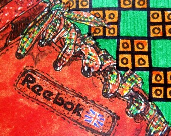 Reebok Freestyle sneaker. Print van een or.tekening van Faye One. Achtergrond met de hand ingetekend: "Wax III". Decoratie.Gesigneerd.Kunst.