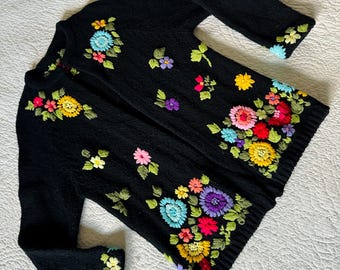 Sweet Flower Hand Knit Black Flower Cardigan