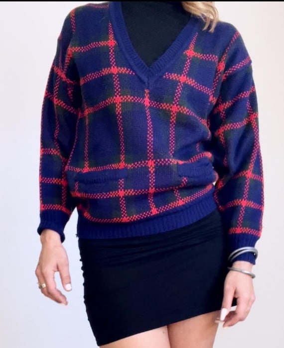 Deep V Navy Plaid Sweater - 70s Vintage Sweater