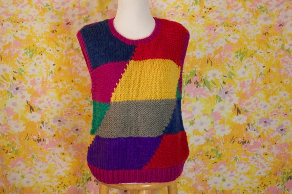 Rainbow Rad Sweater Vest - Hand Knit - 1970s Vintage Vest