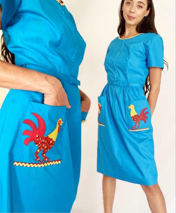 Rooster Party Dress - 1940s Vintage Dress