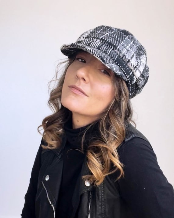 Black and White Plaid Newsie Cap - 90s Vintage Hat