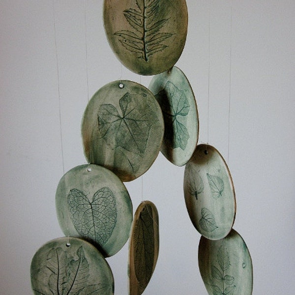Green Ceramic Mobile and Wind Chime with Impressed Leaves
