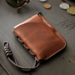 Leather Card Holder with Paracord Lanyard | Slim Leather Wallet for Men or Women | Leather Chain Wallet with Pull Tab - the JUMP