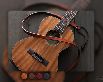 Tunt läderrem för ukulele med initialer | Anpassat ukulelerem för alla ukulelespelare | Konsert, tenor, baryton | SKINNY-stil
