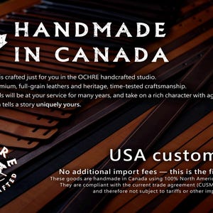 Puede incluir: Imagen de art&iacute;culos de cuero hechos a mano, con el texto "HANDMADE IN CANADA". Se muestran varias correas de cuero en tonos marr&oacute;n y negro. Tambi&eacute;n es visible el logotipo de OCHRE handcrafted.