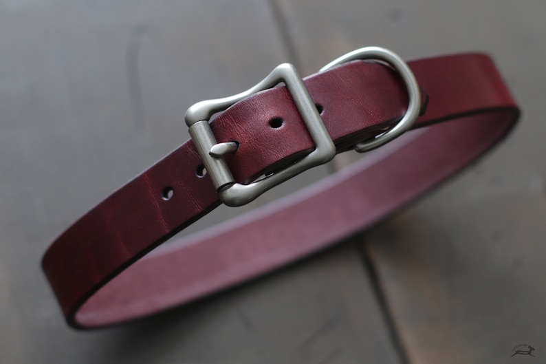 May include: A burgundy leather dog collar with a silver buckle and D-ring.