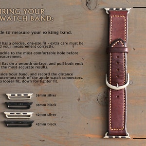 May include: A guide on how to measure your Apple Watch band. The image shows a brown leather watch band with a silver buckle and a ruler next to it. The text on the image reads "Measuring your Apple Watch Band: Use this guide to measure your existing band. The shockband has a precise, one-size fit - extra care must be taken to record your measurement correctly. Secure your buckle to the most comfortable hole before taking your measurement. Lay your band flat on a smooth surface, and pull both ends taut to ensure the most accurate results. Place a rule beside your band, and record the distance between the outermost ends of the apple watch connectors. Round up for a looser fit, down for tighter fit."