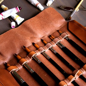 Leather Paint Brush Holder for Artists Soft Leather Pencil Case Leather Pen Holder Pencil Pouch Fountain Pen Case Calligraphy Set image 7