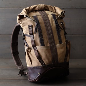 Waxed Canvas Backpack Men's | Hiking Backpack | Canvas Rucksack Rolltop Backpack | Leather Canvas Backpack | Military Backpack | Travel Bag