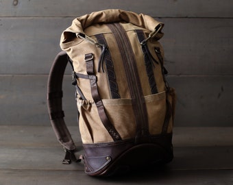 Waxed Canvas Backpack Men's | Hiking Backpack | Canvas Rucksack Rolltop Backpack | Leather Canvas Backpack | Military Backpack | Travel Bag