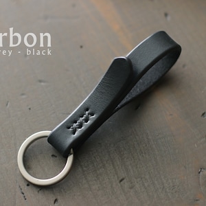 Leather Key Fob Skinny Leather Keychain with Metal Ring Mini Key Lanyard Key Chains for Women or Men Leather Key Holder Organizer CARBON | black