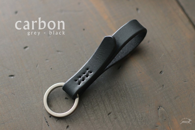 Leather Key Fob Skinny Leather Keychain with Metal Ring Mini Key Lanyard Key Chains for Women or Men Leather Key Holder Organizer CARBON | black