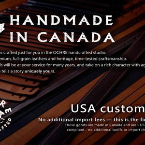 May include: A collection of brown leather straps arranged in parallel lines. The image features a white maple leaf icon and text reading HANDMADE IN CANADA, OCHRE HANDCRAFTED, and USA customers: No additional import fees &mdash; this is the final price.