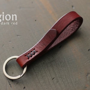 Leather Key Fob Skinny Leather Keychain with Metal Ring Mini Key Lanyard Key Chains for Women or Men Leather Key Holder Organizer LEGION | dark red