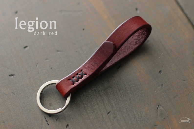 Leather Key Fob Skinny Leather Keychain with Metal Ring Mini Key Lanyard Key Chains for Women or Men Leather Key Holder Organizer LEGION | dark red