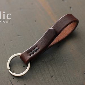 Leather Key Fob Skinny Leather Keychain with Metal Ring Mini Key Lanyard Key Chains for Women or Men Leather Key Holder Organizer RELIC | dark brown