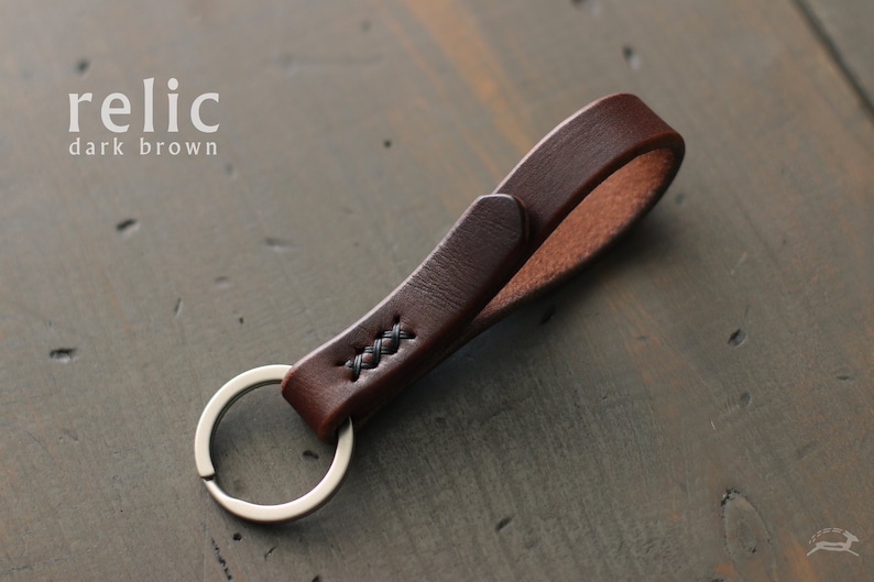 Leather Key Fob Skinny Leather Keychain with Metal Ring Mini Key Lanyard Key Chains for Women or Men Leather Key Holder Organizer RELIC | dark brown