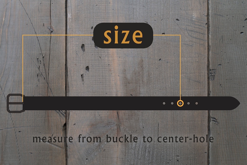 Peut inclure: Une ceinture en cuir noir avec une boucle argent&eacute;e et plusieurs trous. Le texte "size" est &eacute;crit en orange sur un ovale noir. Le texte "mesurer de la boucle au trou central" est &eacute;crit en noir sous la ceinture.