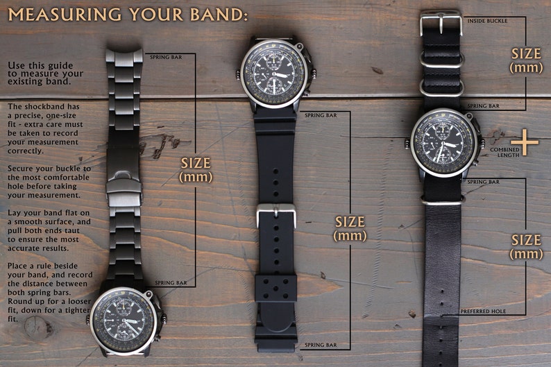 May include: A diagram showing how to measure a watch band. The diagram shows three different types of watch bands: a metal band, a rubber band, and a leather band. The diagram includes instructions on how to measure the band using a ruler and how to determine the correct size for the band.
