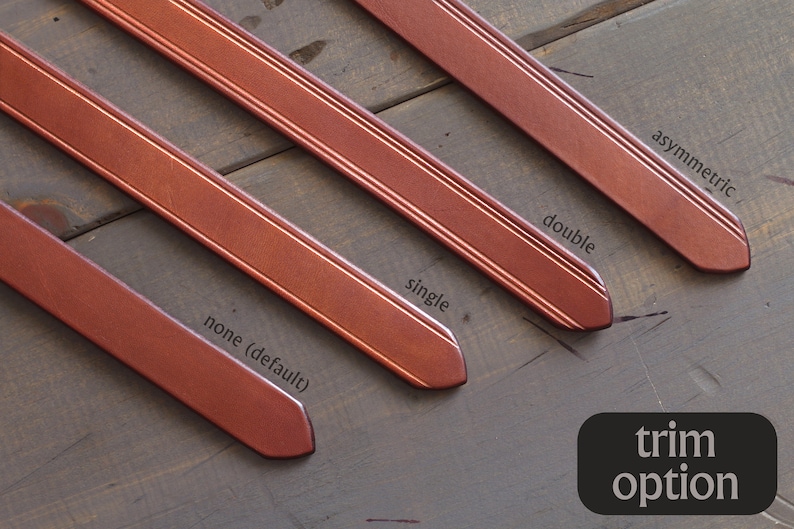 May include: Four leather straps with different trim options: none (default), single, double, and asymmetric. The trim option is labeled below each strap.