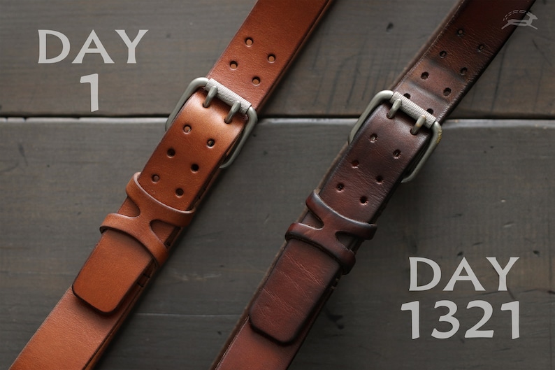 May include: Two leather belts with silver buckles, one is light brown and the other is dark brown. The belts are labeled "Day 1" and "Day 1321" to show the difference in color after being worn for a long time.