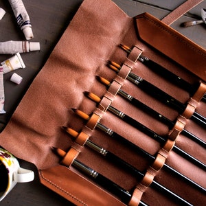 Leather Paint Brush Holder for Artists Soft Leather Pencil Case Leather Pen Holder Pencil Pouch Fountain Pen Case Calligraphy Set image 2