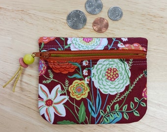 COIN PURSE of sweet Nathalie Lete cotton fabric with flowers and birds - rust, citron, pink, mint