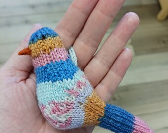 KNIT BIRD in pink, gold & blues