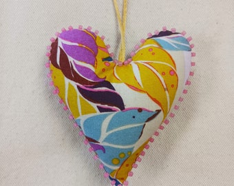Beaded Fabric HEART ORNAMENT in gold, cornflower, pink and red-violet