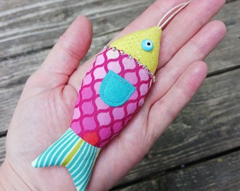 Beaded Fabric FISH ORNAMENT - fun, handmade, contemporary, cotton fabrics, aqua, pink, citron