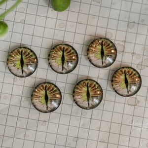 May include: Six green and brown glass eyes with a black pupil and gold glitter. The eyes are round and have a realistic look.