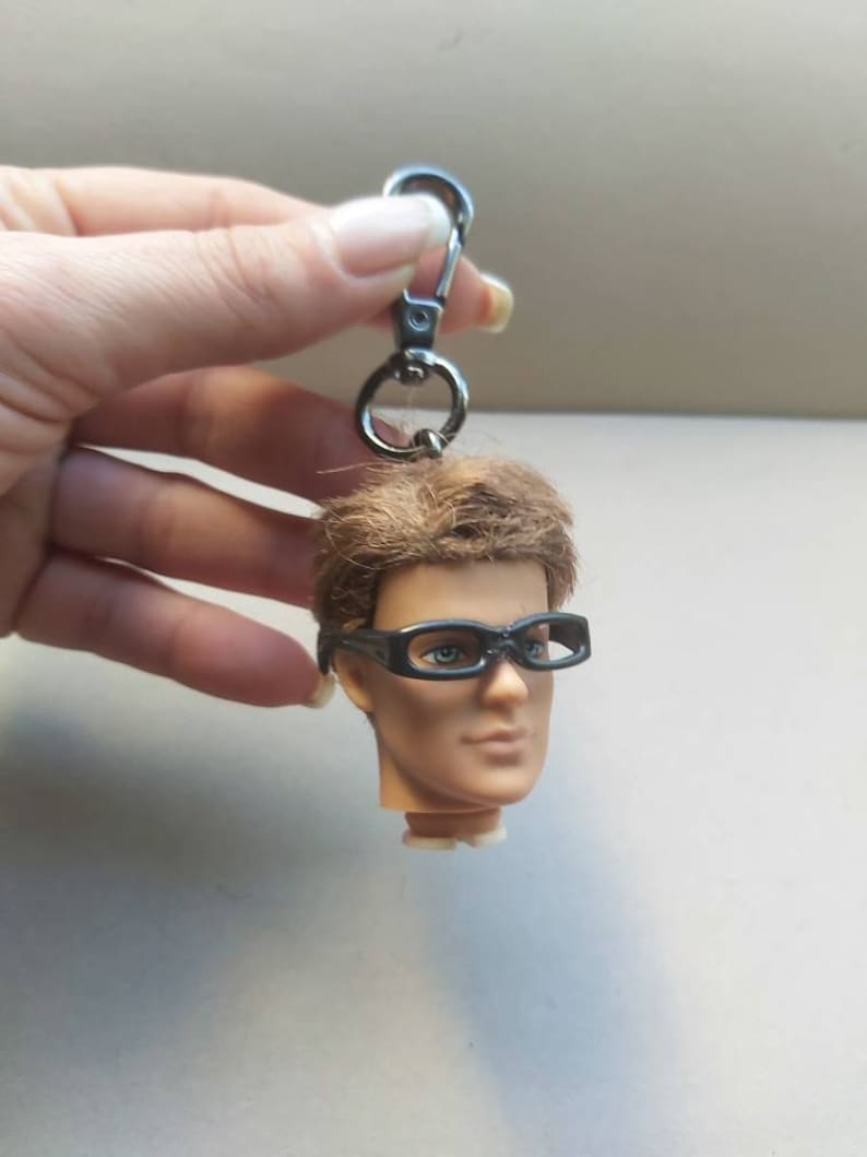 handbag accessory Ken Doll Head made in Greece Ken zipper pull bag clip Geek glasses