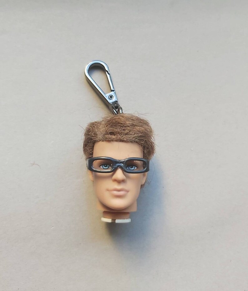 handbag accessory Ken Doll Head made in Greece Ken zipper pull bag clip Geek glasses
