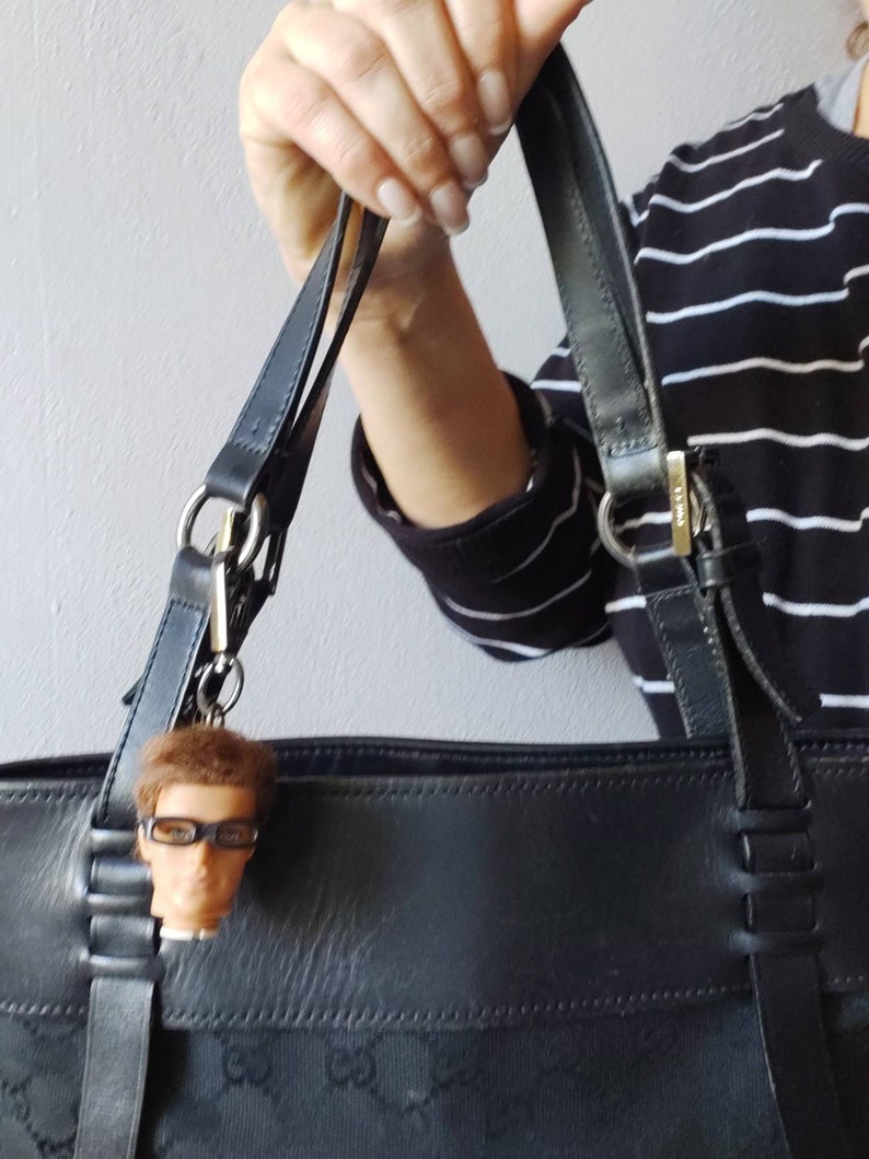 handbag accessory Ken Doll Head made in Greece Ken zipper pull bag clip Geek glasses