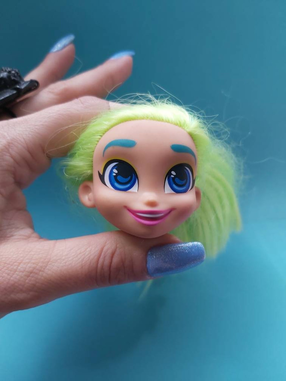 Doll Head Green Hair Blue Eyes Rubber Plastic Doll Parts Etsy