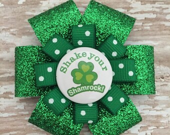 St. Patrick's Day Hair Bow - Shake Your Shamrock - Shamrock Glitter Hair Bow Clip - St. Patty's Hair Accessory - Button Shamrock Hair Bow