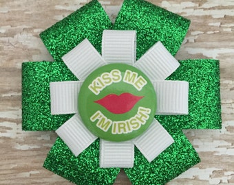 St. Patrick's Day Hair Bow - Kiss Me I'm Irish - Kiss Me I'm Irish Glitter Hair Bow Clip - St. Patty's Hair Accessory - St. Patty's Hair Bow