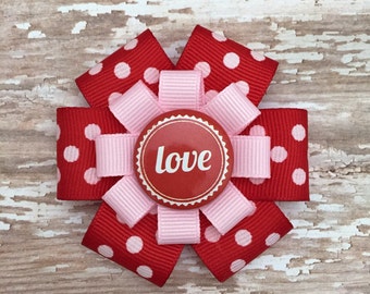 Love Hair Bow -  Love Hair Clip - Large Valentine Hair Bow - Valentine Hair Accessory - Girls Valentine Gift - Red Polka Dot Love Hair Bow