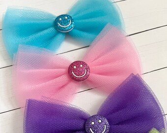 Smiley Face Hair Bow - Smiley Hair Bow - Cute Hair Bow for Girls - Tulle Hair Bows - 4” Tulle Hair Bows Clips - Glitter Smiley Face Bow