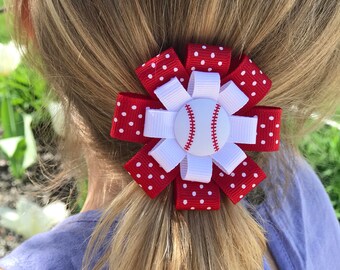 Baseball Hair Bow - Red Baseball Hair Bow - Baseball Team Spirit Bow - Baseball Hair Clip - Baseball Hair Accessory - Red Baseball Hair Clip