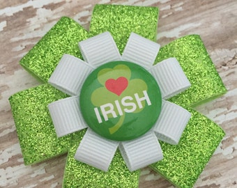 St. Patrick's Day Hair Bow - Heart Irish Shamrock - Shamrock Glitter Hair Bow Clip - St. Patty's Hair Accessory - Green Shamrock Hair Bow